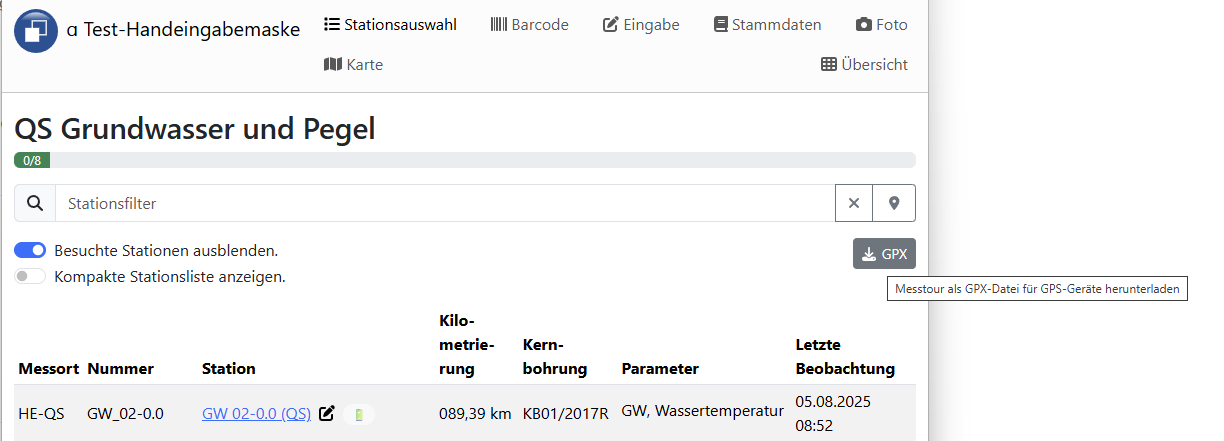 GPX-Export auf der Startseite