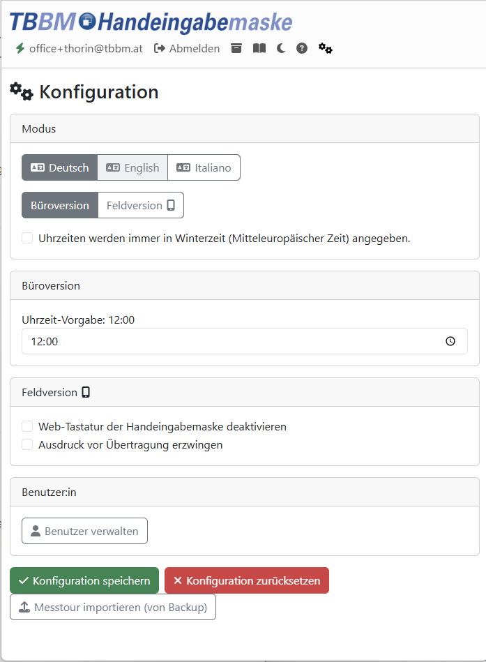 Konfiguration Handeingabemaske für Externe
