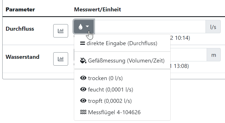 Eingabearten für Durchflussmessungen.