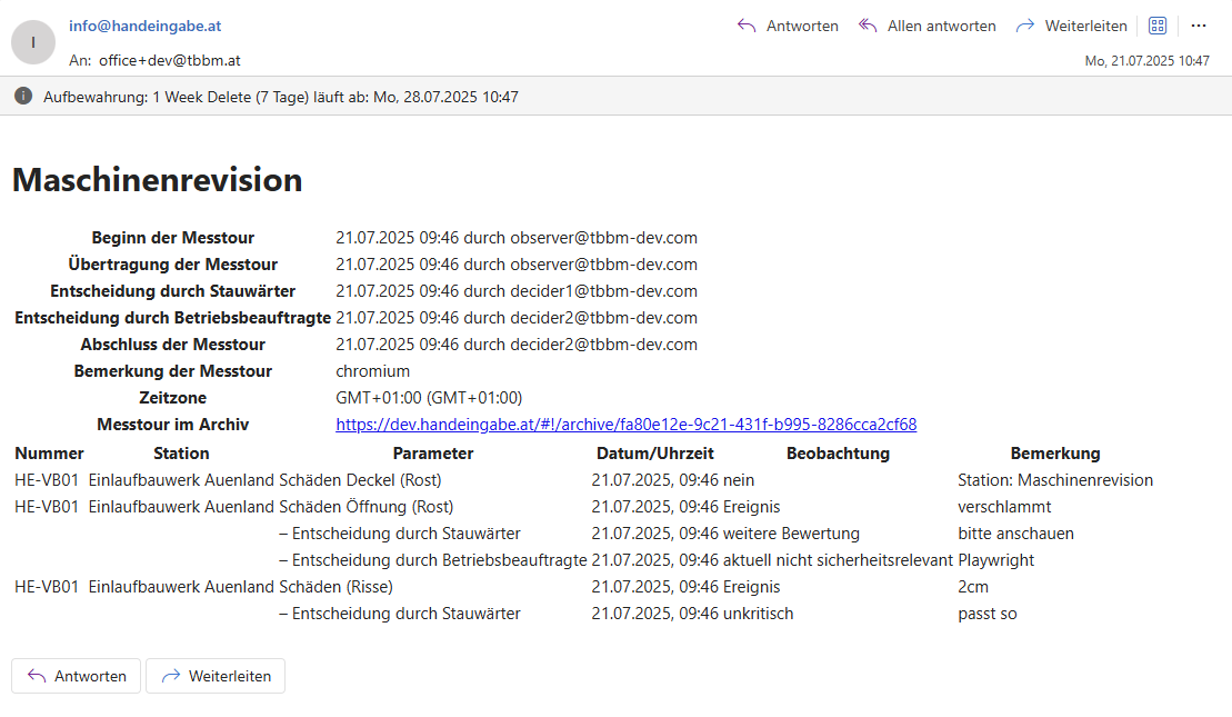 Email Benachrichtigung -- Anonymisierte Email für Maschinenrevision.