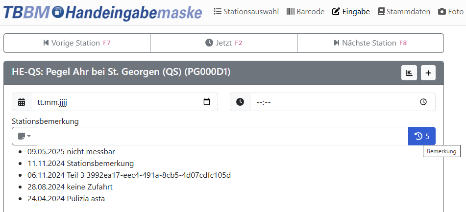 Eingabe -- Historische Stationsbemerkungen