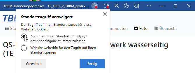 TBBM-Handeingabemaske APP: Berechtigungen für Standortzugriff vergeben