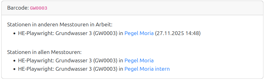 Barcode/QR-Code -- Station in mehreren Messtouren gefunden.