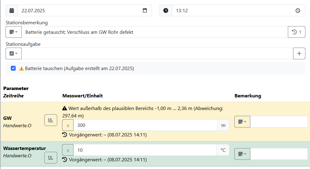 Eingabe - Stationsbenerkung, Stationsaufgabe, Plausibilisierer.