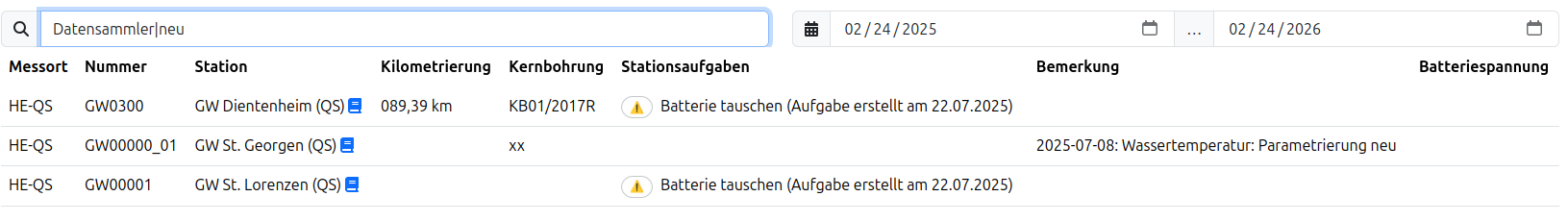 Auswertungen aller Bemerkungen der Messtour anzeigen: Batterietausch wird angezeigt, sowie die aktuelle Batteriespannung