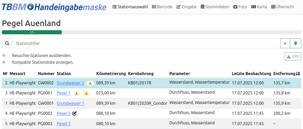 Stationsauswahl