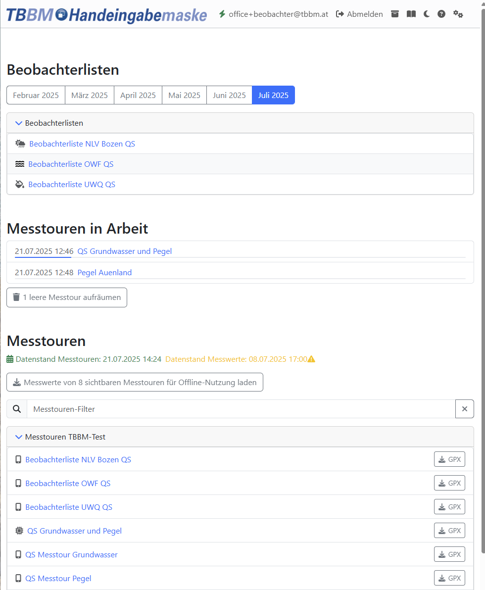 Startseite mit Anzeige der Messtouren für 21.07.2025