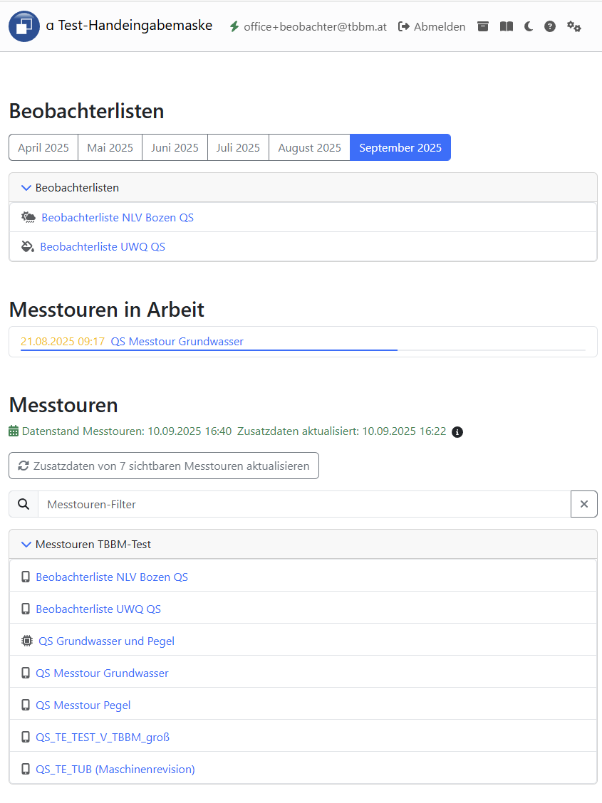 Startseite mit Anzeige der Messtouren für 21.07.2025