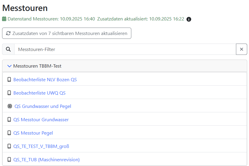 Messtour - Datenstand, Downloadbutton, Filter und Messtouren