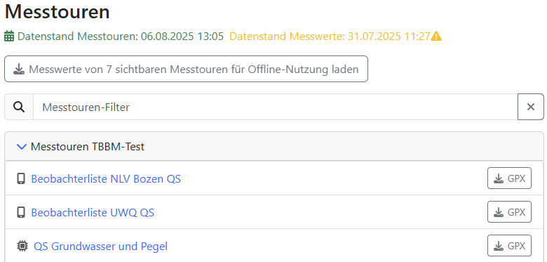 Messtour - Datenstand, Downloadbutton, Filter und Messtouren